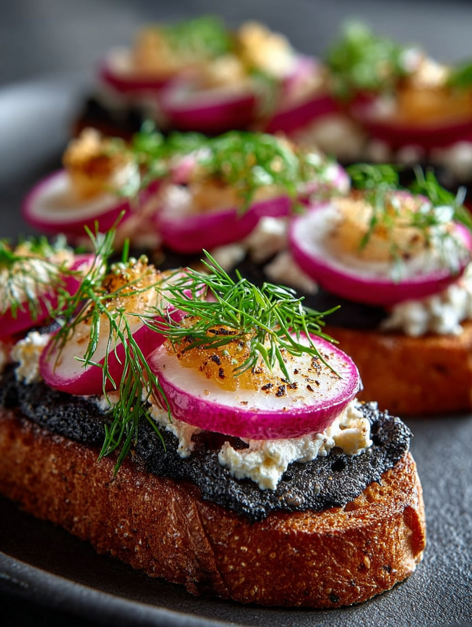 Une tartine de pain grillé avec des oeufs, des pommes et des herbes.