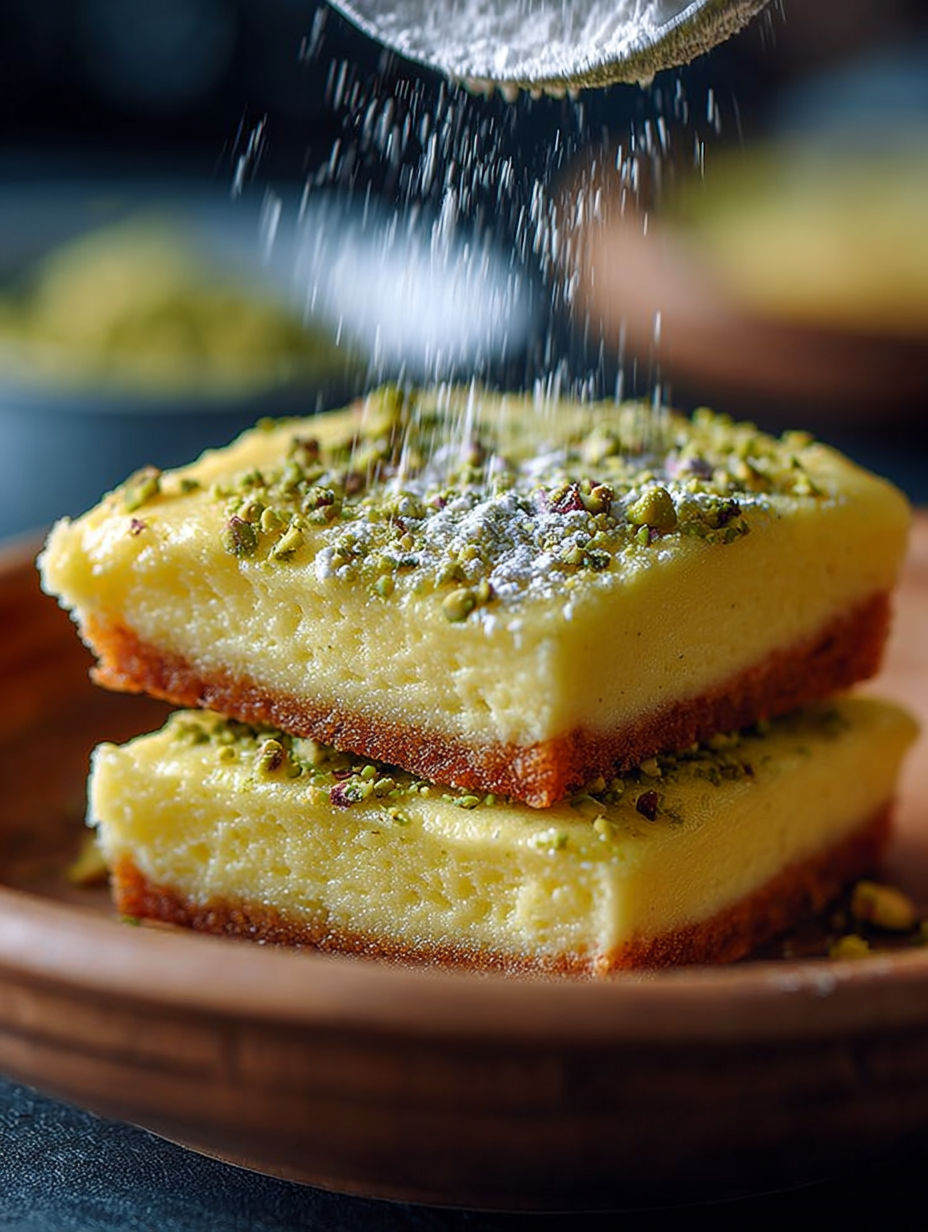 Une tarte aux pistaches et à la menthe, garnie de poudre de cardamome, est servie sur un plateau en bois.