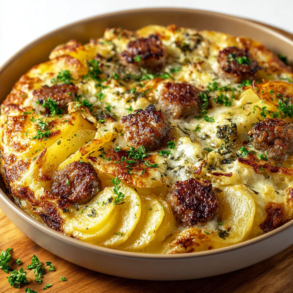 Une gratinée de pommes et saucisse, servie dans un bol.