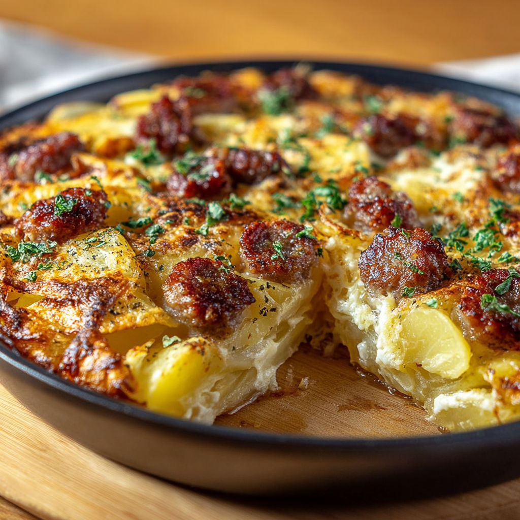 Une tarte aux pommes et bacon, servie sur un plateau en bois.