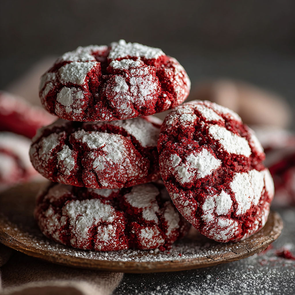 Une recette de crinkles rouges veloutées est servie sur un plateau.