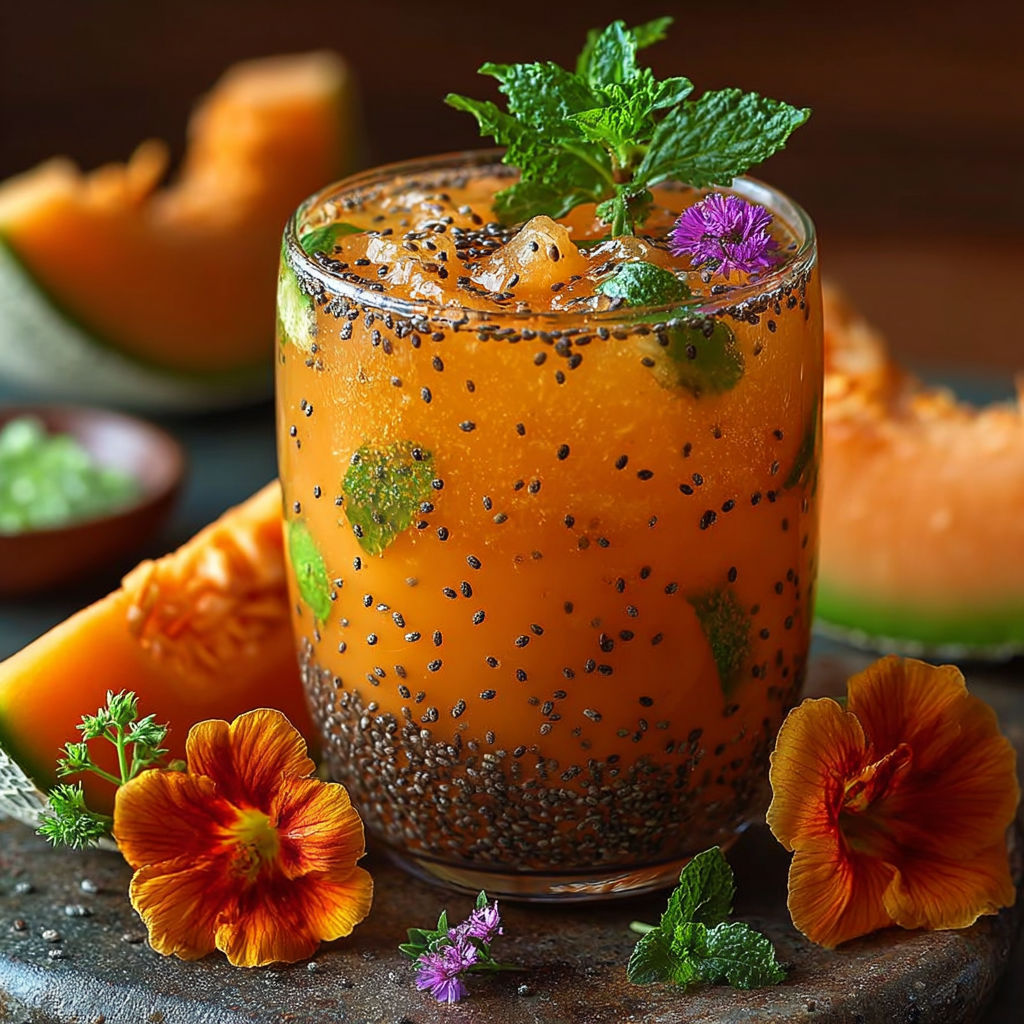 Une tasse d'aguafresca de cantaloupe chia mexicaine avec des fleurs de chia et des graines de chia sur le dessus.