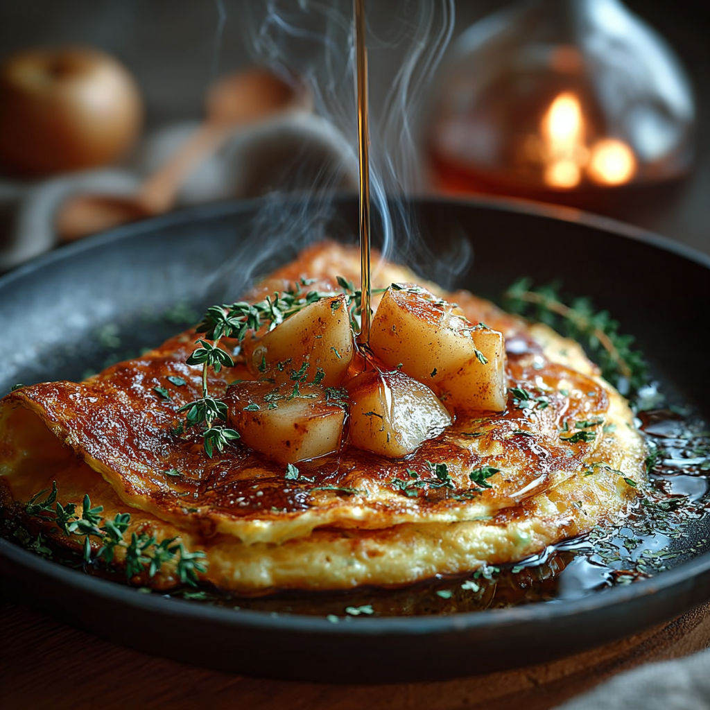 Une omelette flambée aux pommes érables, avec du persil et du beurre, est servie dans un bol sur une table.