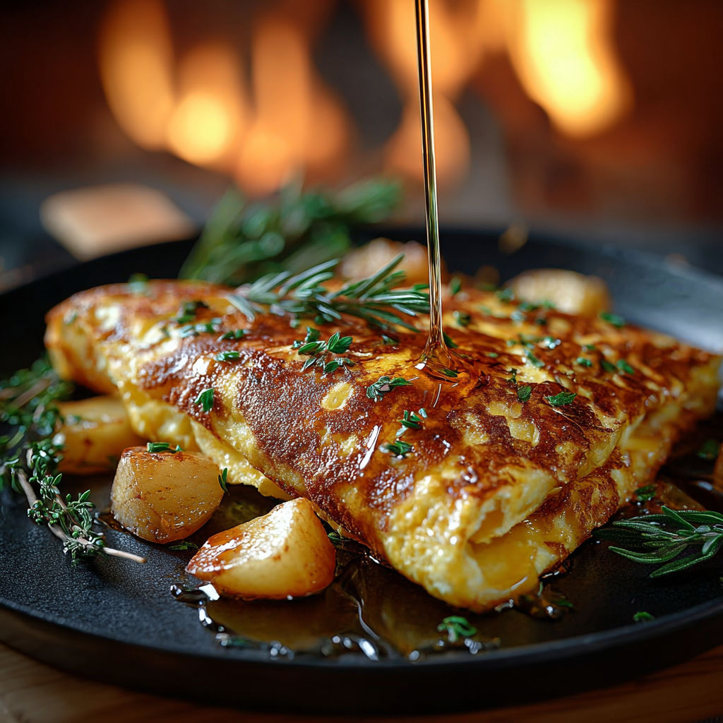 Une quiche maison est servie sur un plateau avec une sauce au beurre et des herbes.