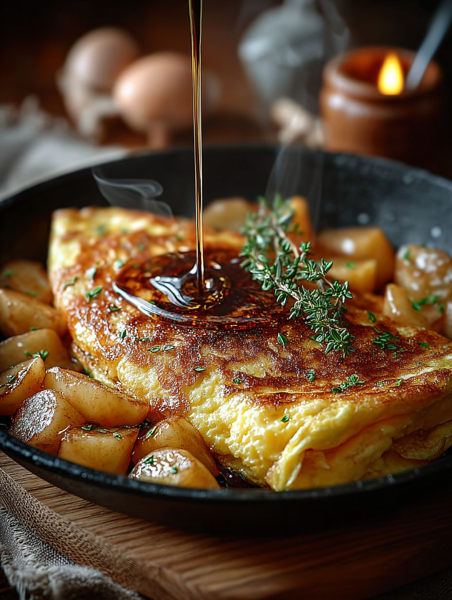 Une omelette au bacon et aux pommes de terre, sauce au miel, garnie d'herbes.