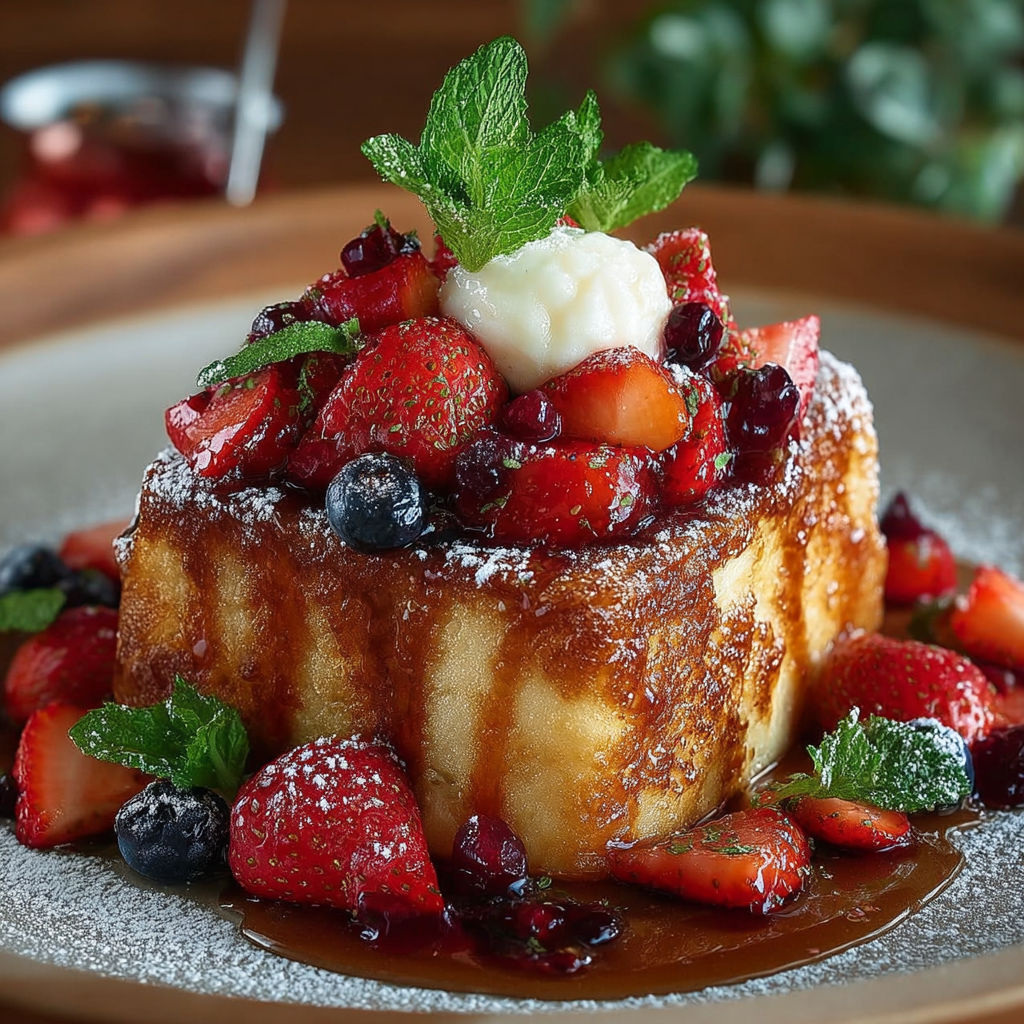 Une tarte aux fraises et aux baies, garnie de miel et de menthe, est servie sur un plateau en bois.