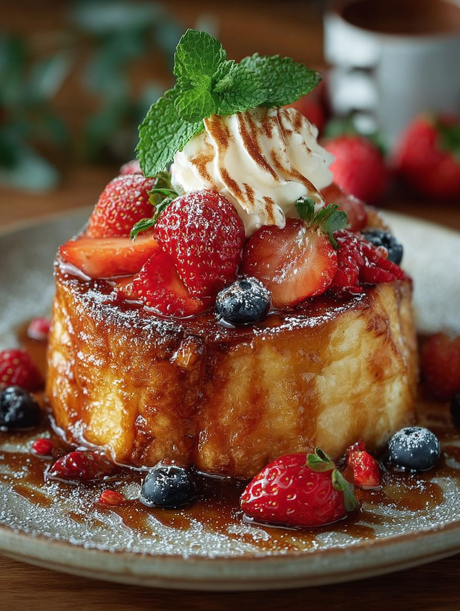 Une tarte aux fraises et à la crème, garnie de fraises, de baies et de menthe, est servie sur un plateau.