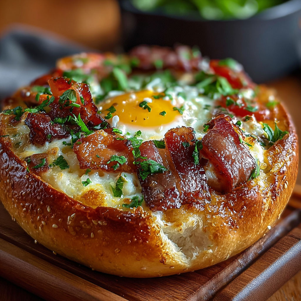 Une quiche aux bacon et aux oeufs, servie sur un plateau de bois.