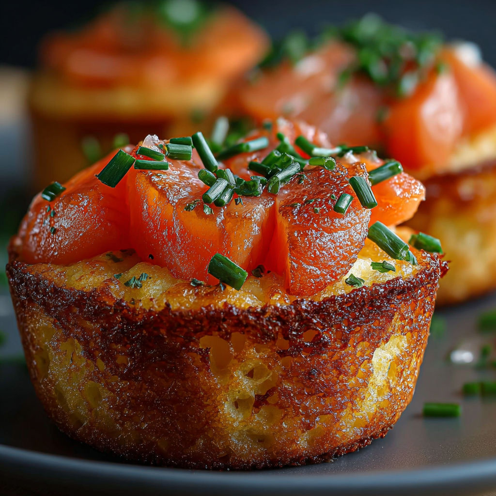 Une petite tarte aux pommes de terre avec des légumes verts et des tranches de saumon grillé.