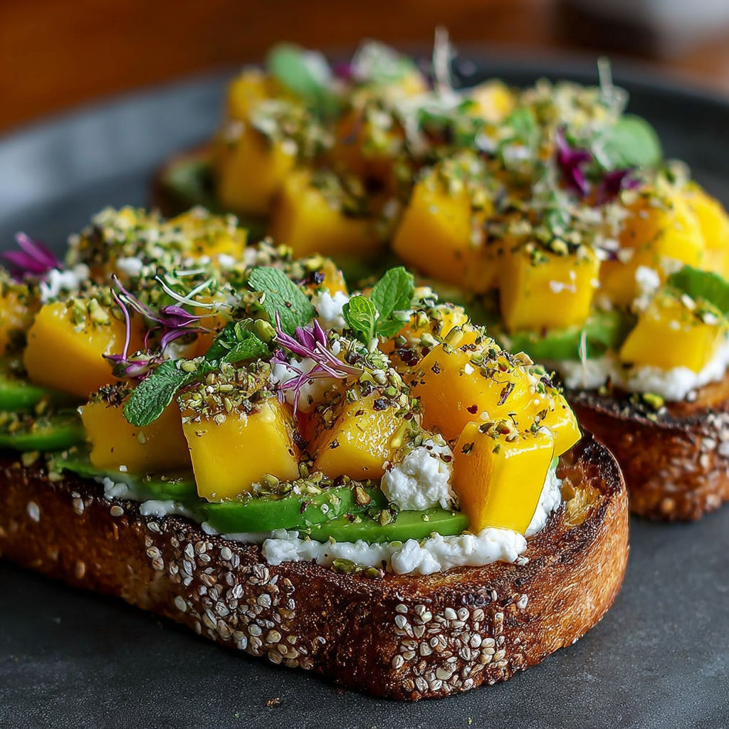 Une tartine de pain grillé avec des fruits de mer et des herbes.