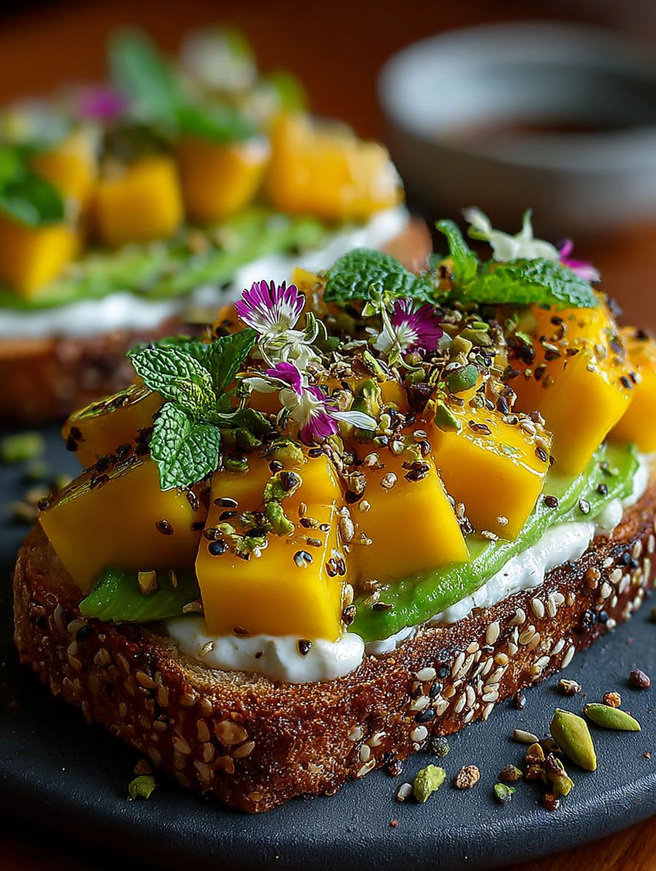 Une tartine de pain grillé avec des fruits de mer et des herbes fraîches.