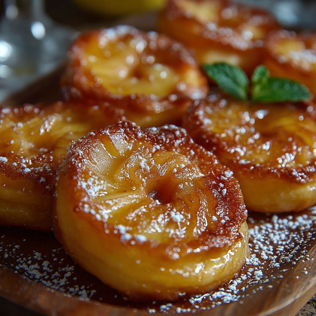 Une tarte aux fruits caramélisés, garnie de menthe, sur un plateau de bois.