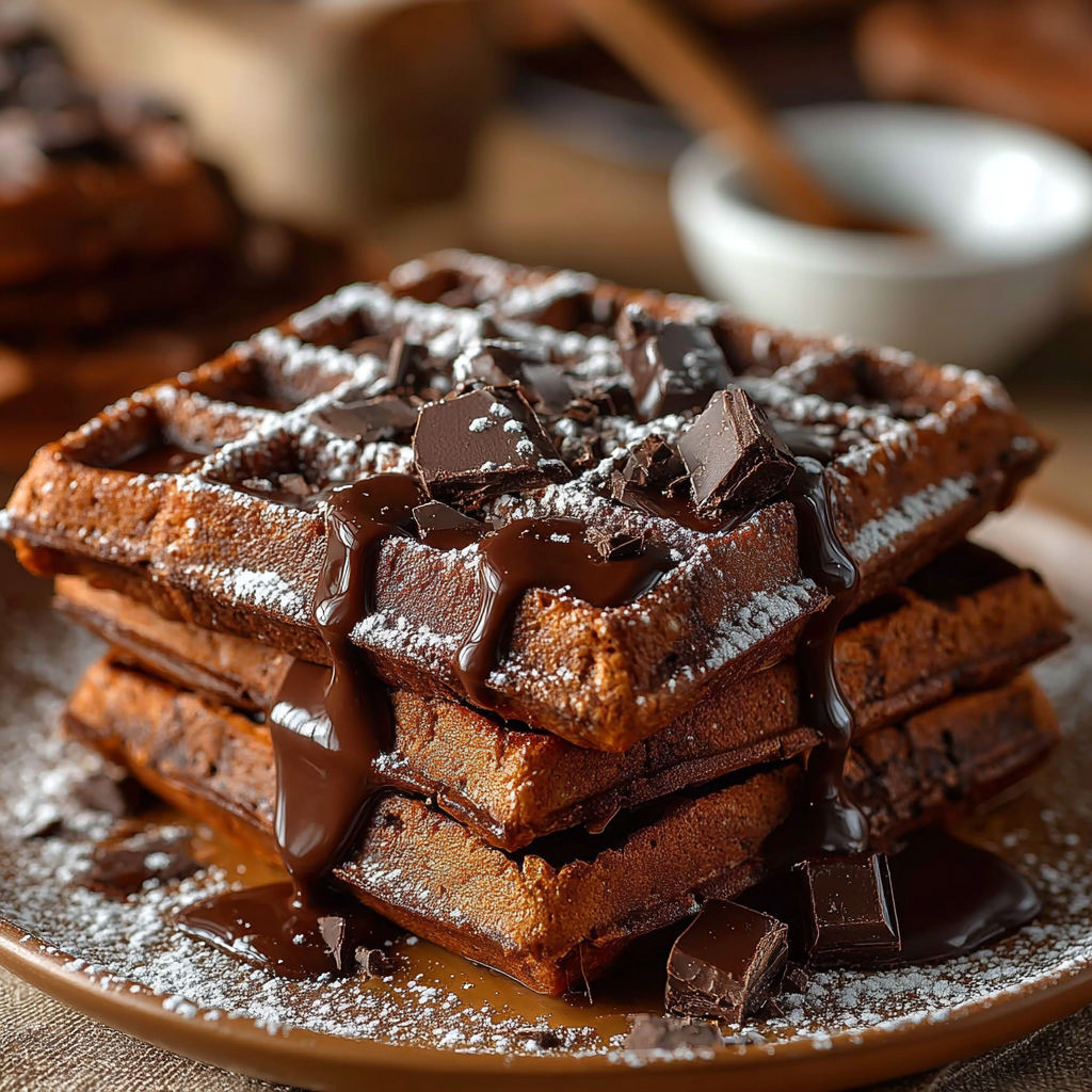 Une pile de waffles chocolatises avec du chocolat fondu et des flocons d'avoine.