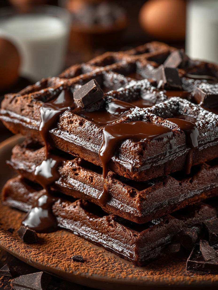 Une colonne de gâteaux chocolat sauce chocolat.