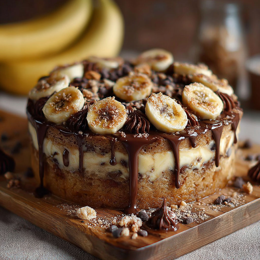 Une tarte aux bananes et au chocolat, garnie de noix de coco, est servie sur un plateau en bois.