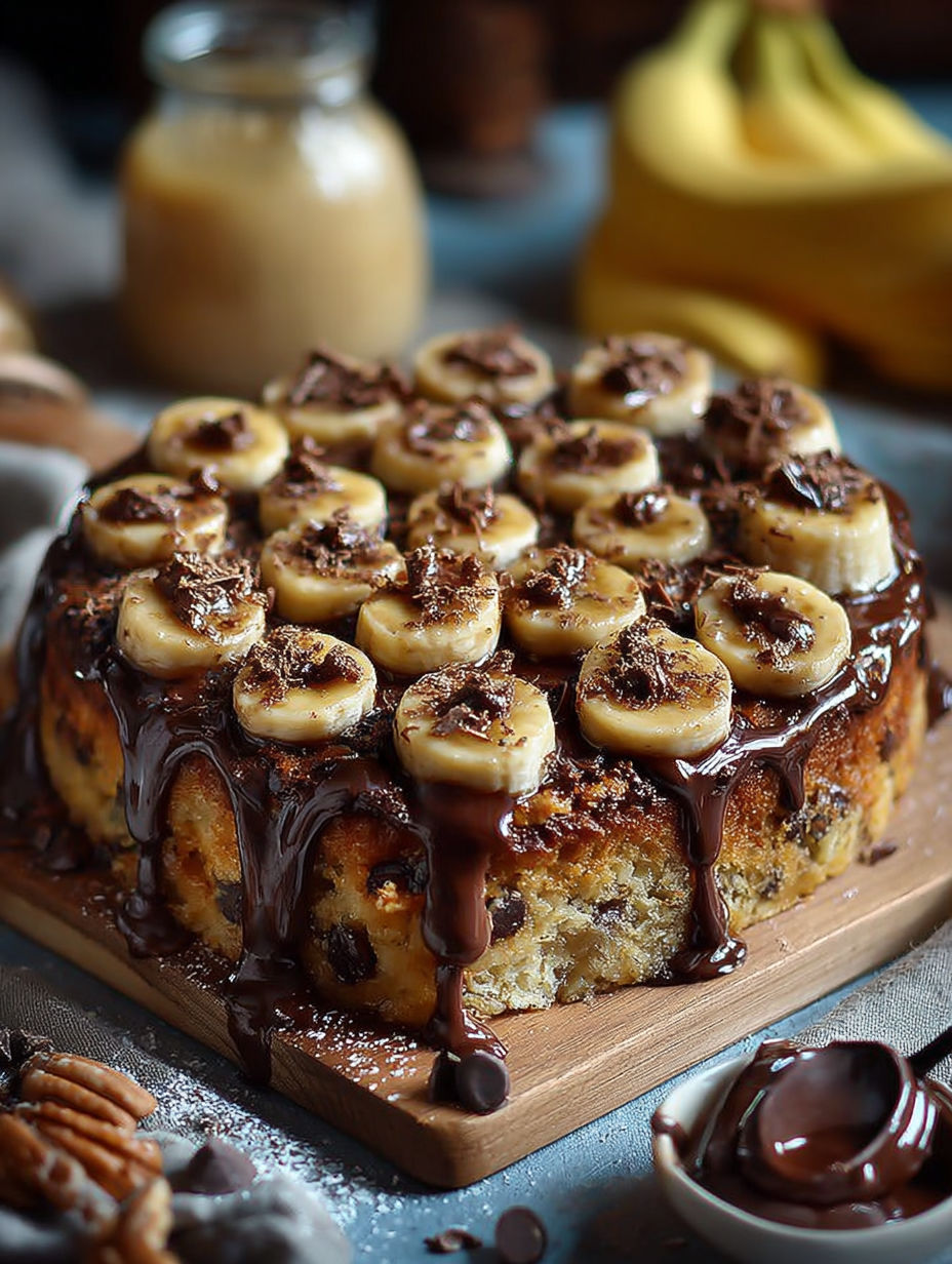 Une tarte aux bananas et chocolat, garnie de chocolat fondu, de noix de coco et de marrons.