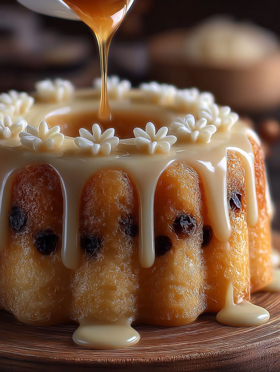 Un gâteau semoule traditionnel méditerranéen est décoré avec des fleurs et du sirop d'érable.
