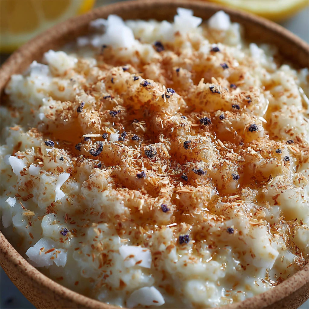 Une tasse de Boulgour Sucré Lait Coco Pavot, avec des grains de pavot et des coconuts, est servie dans un bol en céramique.