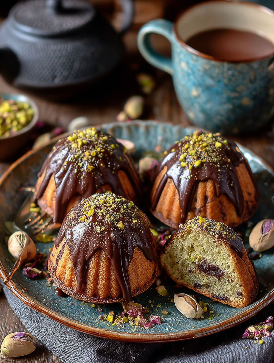 Un dessert chocolat et pistache est présenté sur un plateau.