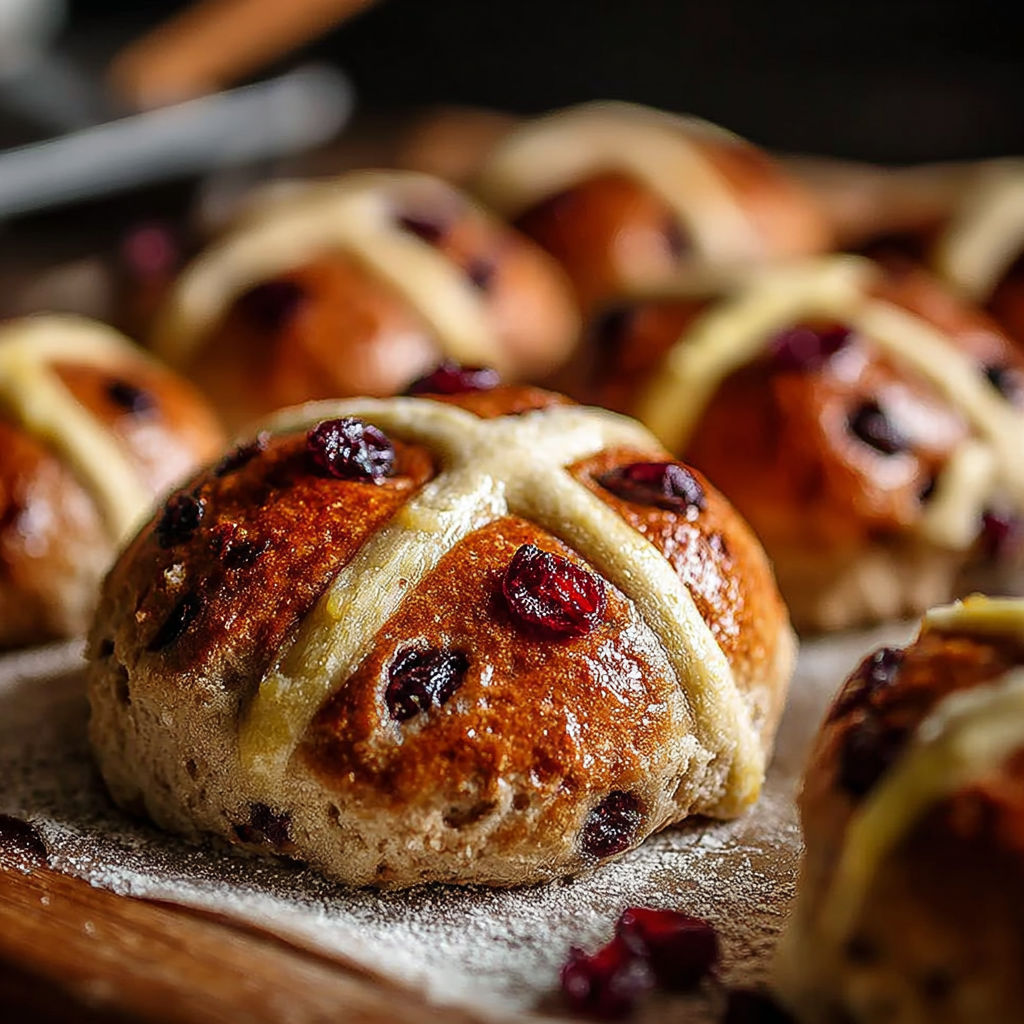 Une douzaine de Hot Cross Buns sans gluten, avec des cerises et du beurre, sur un plateau.