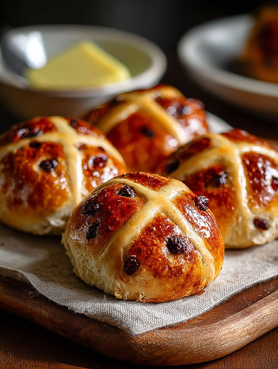 Quatre croissants frits, saupoudrés de beurre, sur un plateau.