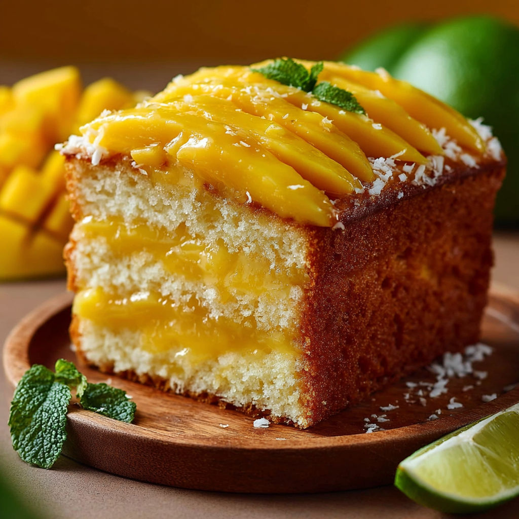 Une portion de gâteau mangue coco tropical, avec des limes et des mangues.