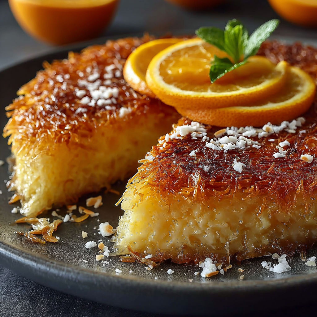 Une portion de gâteau grec avec des oranges et des noix, garnie de coco.