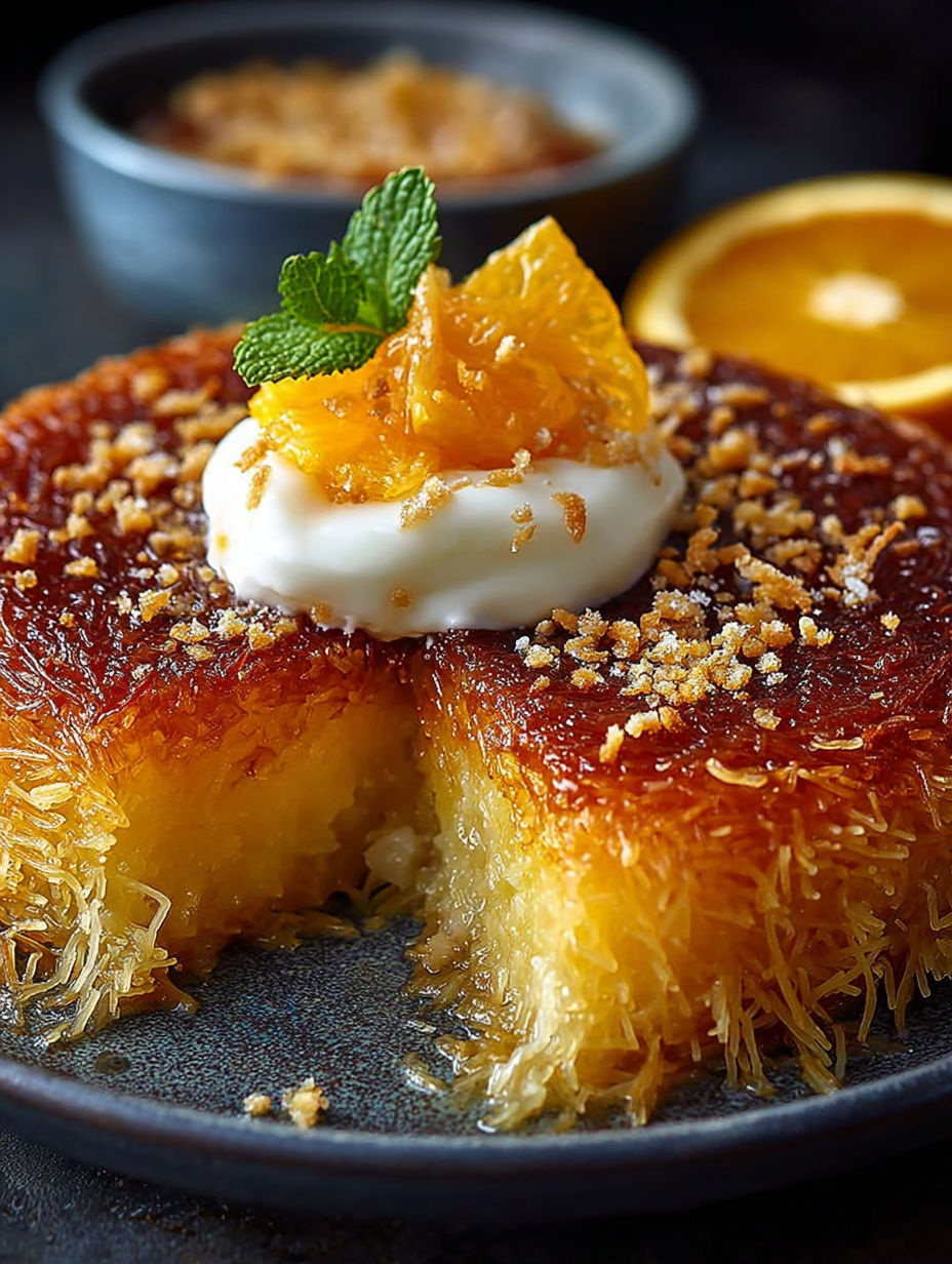 Une portion de gâteau grec orange noix coco, avec une goutte de sauce au yaourt et des noix de coco sur le dessert.
