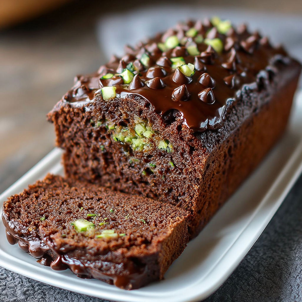 Une portion de gourmandise chocolatée aux légumes, avec une touche de chocolat fondu, est servie sur un plateau.