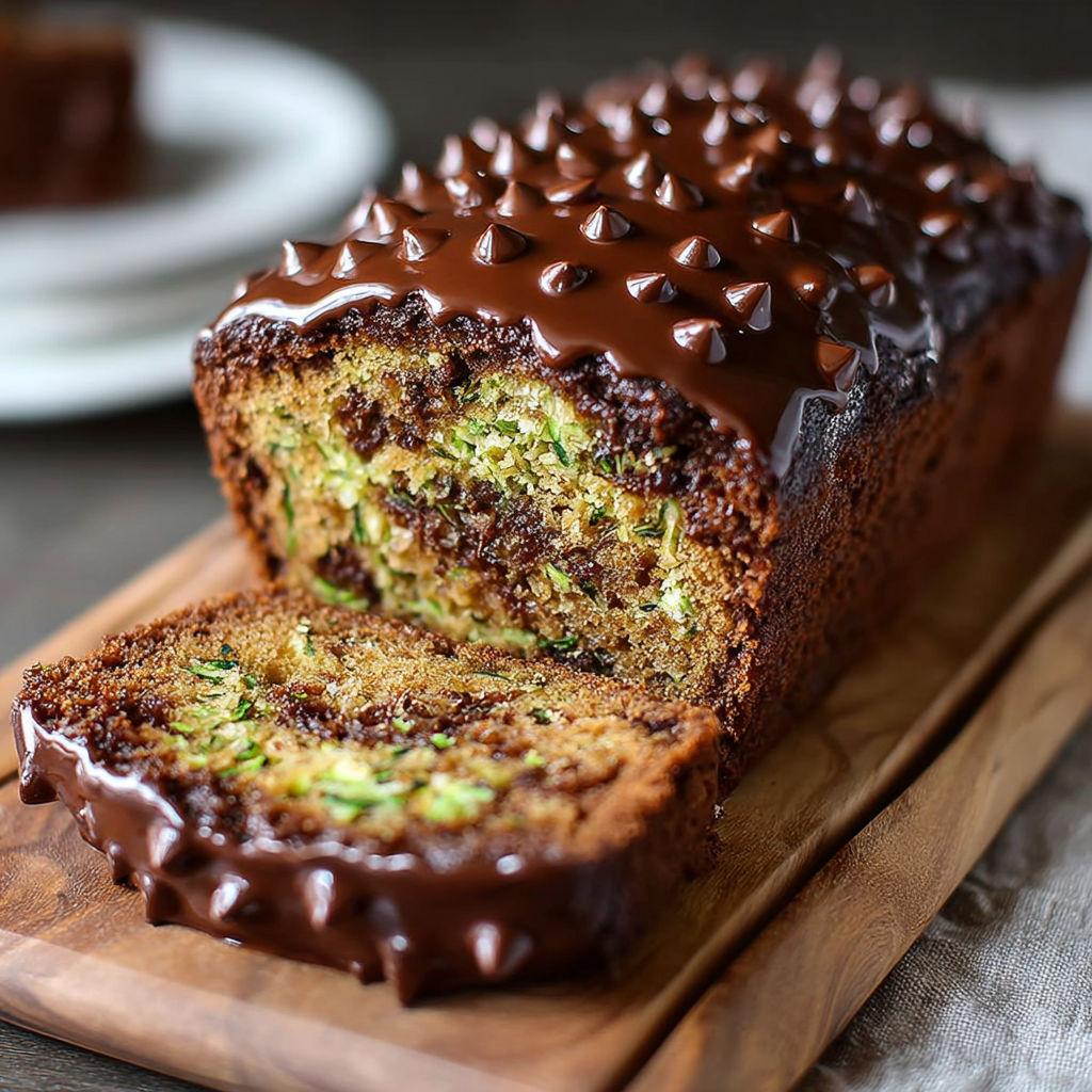 Une baguette de chocolat avec des croutons de chocolat sur une plaque de bois.