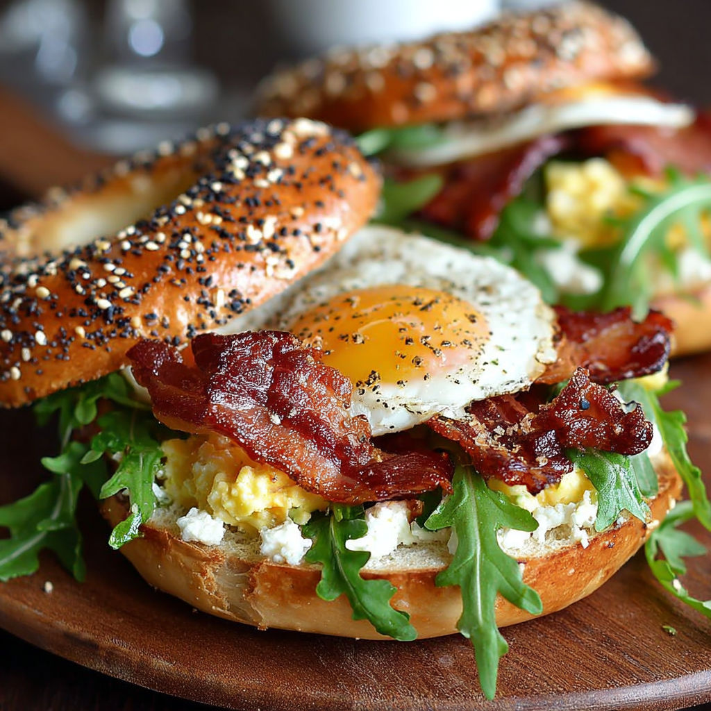 Un sandwich gourmand avec des bacon, des œufs et des épinards sur du pain.