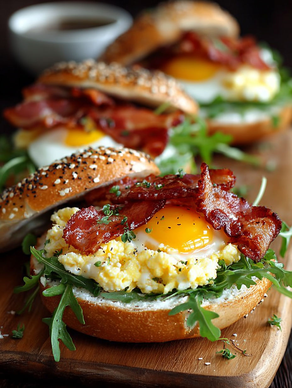 Un sandwich gourmand avec des bacon, des œufs et des herbes.