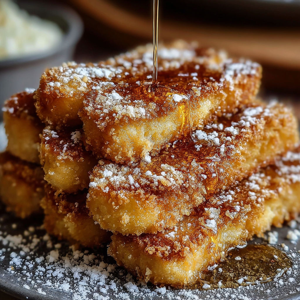 Une pile de bâtonnets de pain perdu croustillants, saupoudrés de sucre et trempés dans du miel.