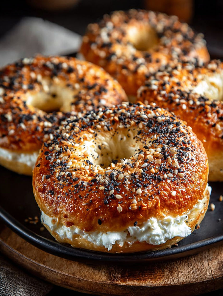 Bagels protéinés à la friteuse à air, avec des graines de cumin et des noix de cajou, sont présentés sur un plateau.