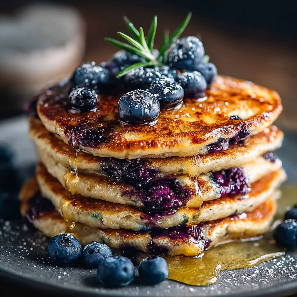 Une pile de crêpes sucrées et salées avec des baies bleues et des herbes fraîches.
