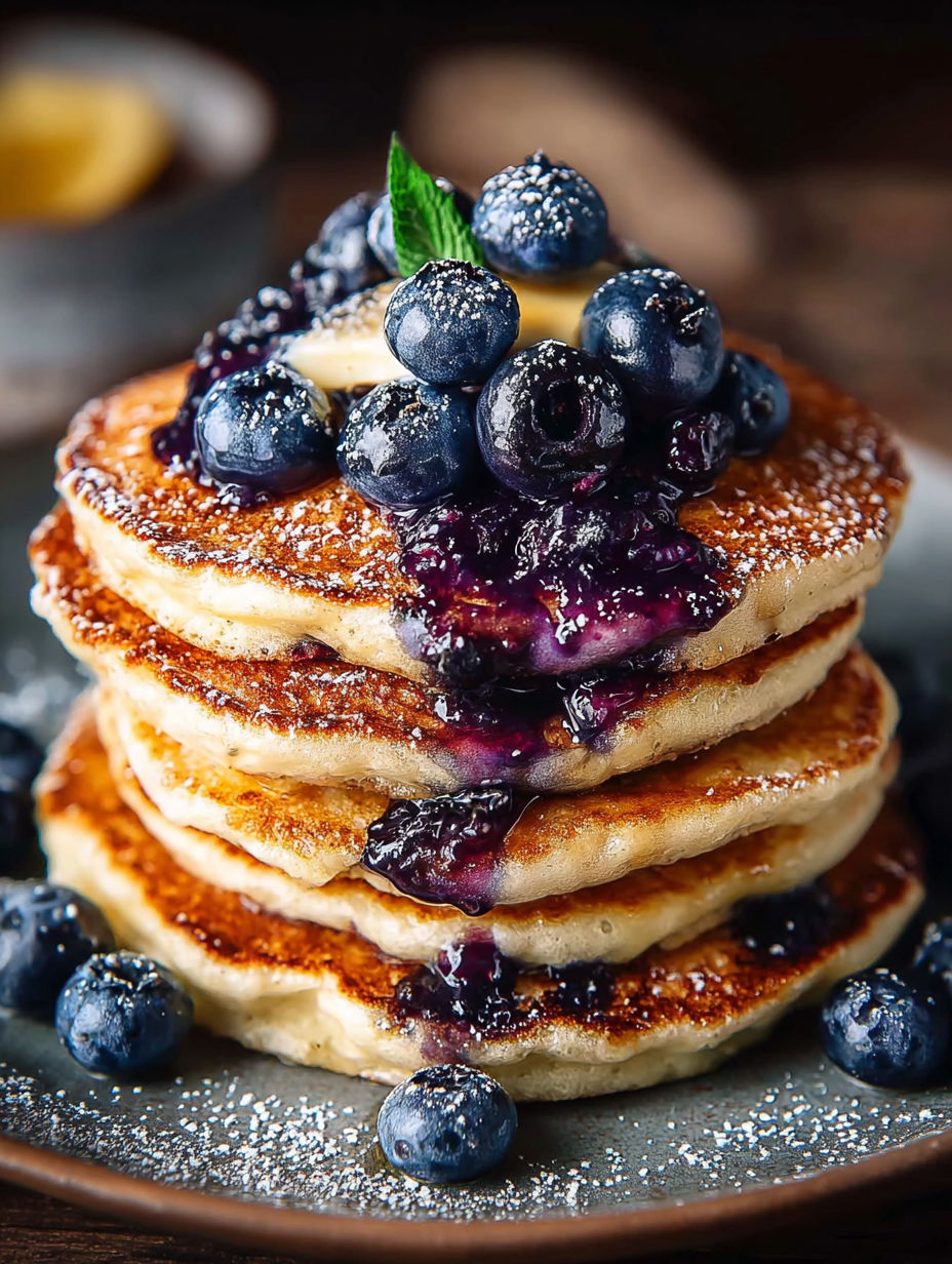 Une pile de pancakes aux baies bleues, avec une cuillère de sucre et une cuillère de beurre.