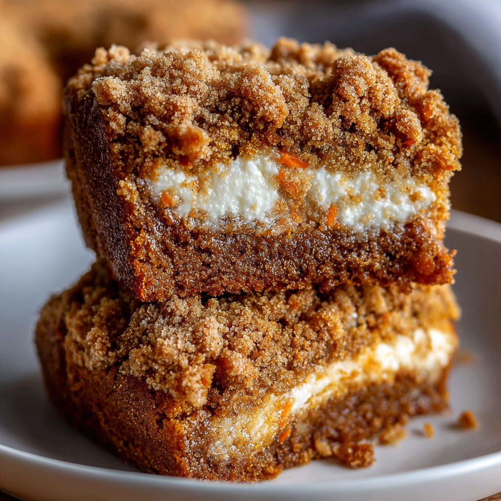 Une portion de gâteau Carotte Gingembre Crumble Crémeux sur un plateau.