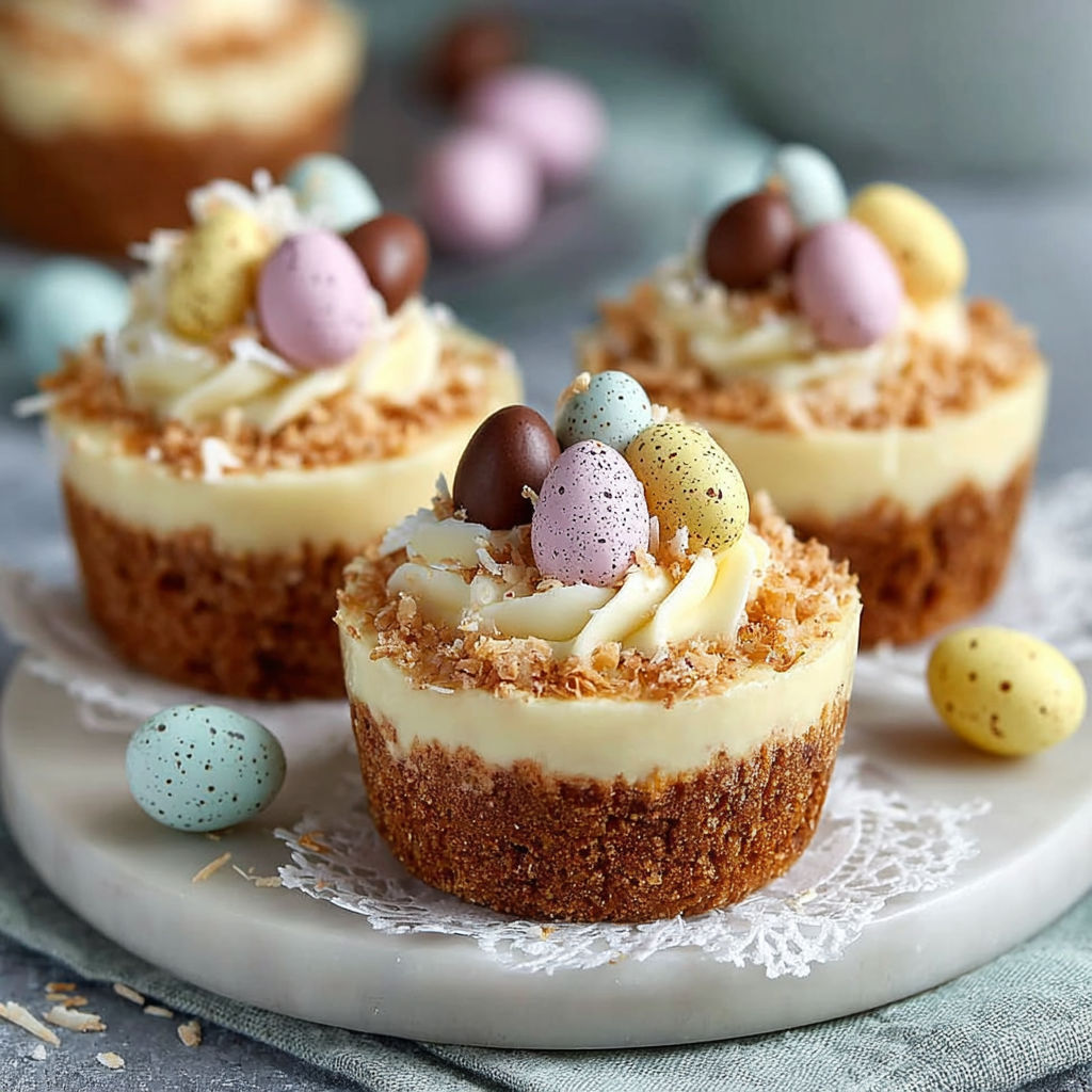 Des mini-cheesecakes aux œufs en chocolat, garnis de chocolat et de marshmallows, sont présentés sur un plateau.