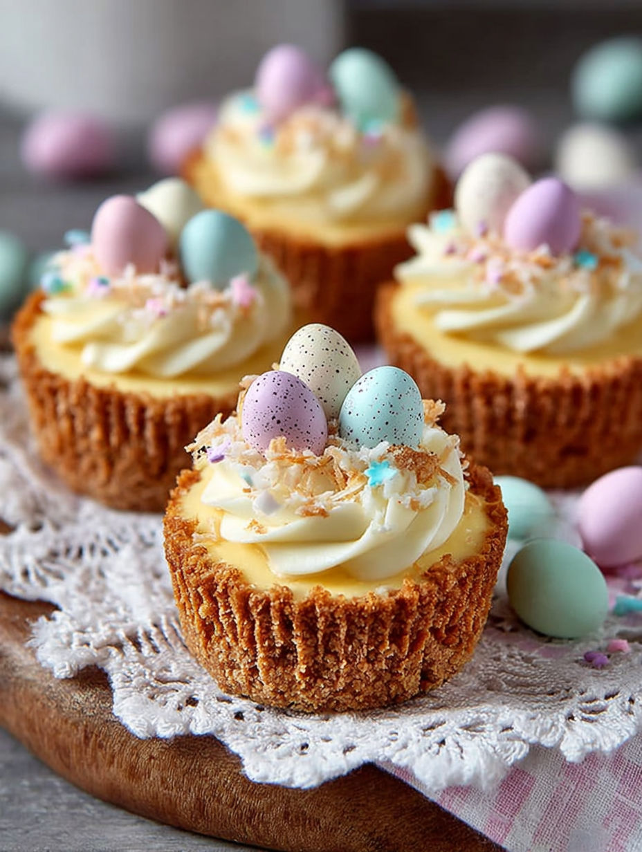Des mini-cheesecakes aux œufs en chocolat sur un plateau.