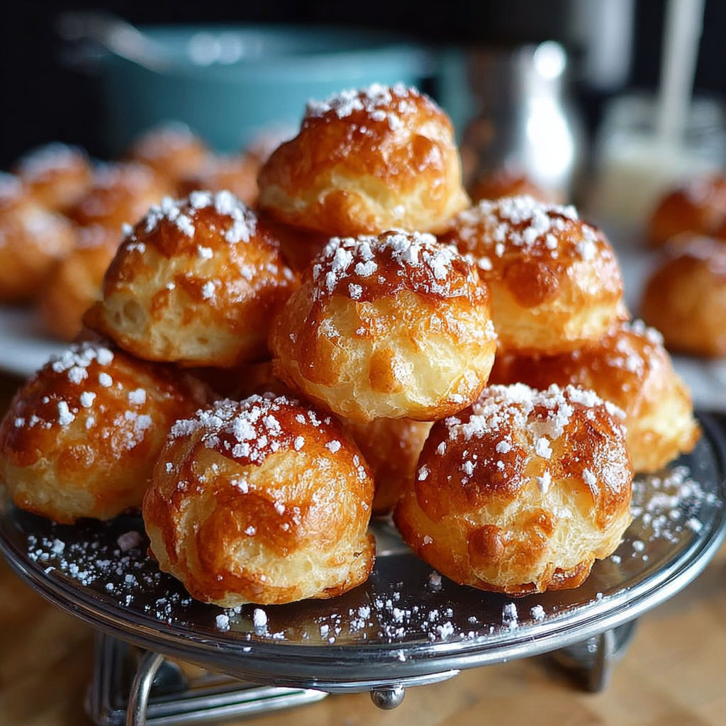 Une pile de chouquettes au sucre perlé sur un plateau.