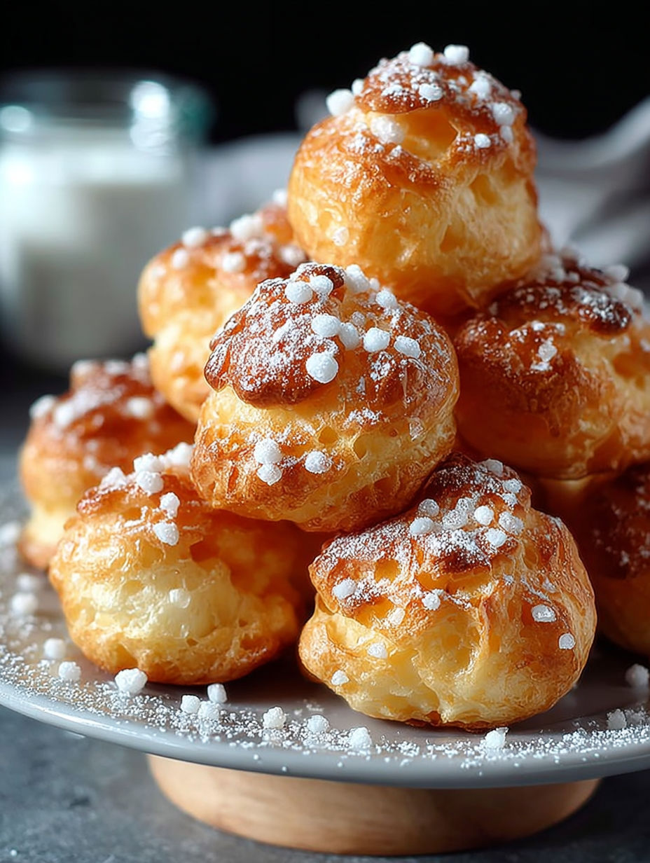 Une pile de chouquettes au sucre perlé sur un plateau.