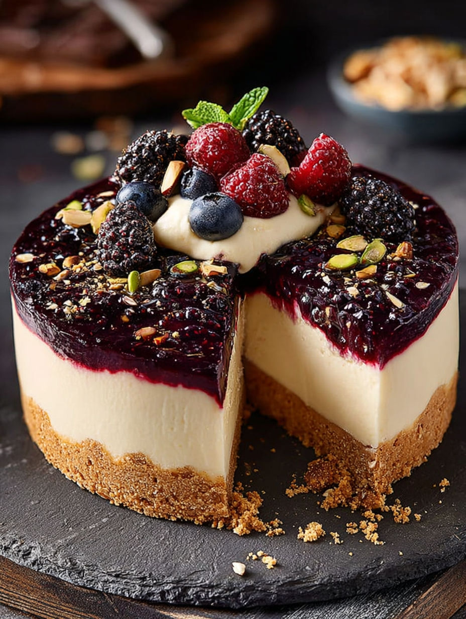 Une tarte aux fraises et baies avec une crème au chocolat.