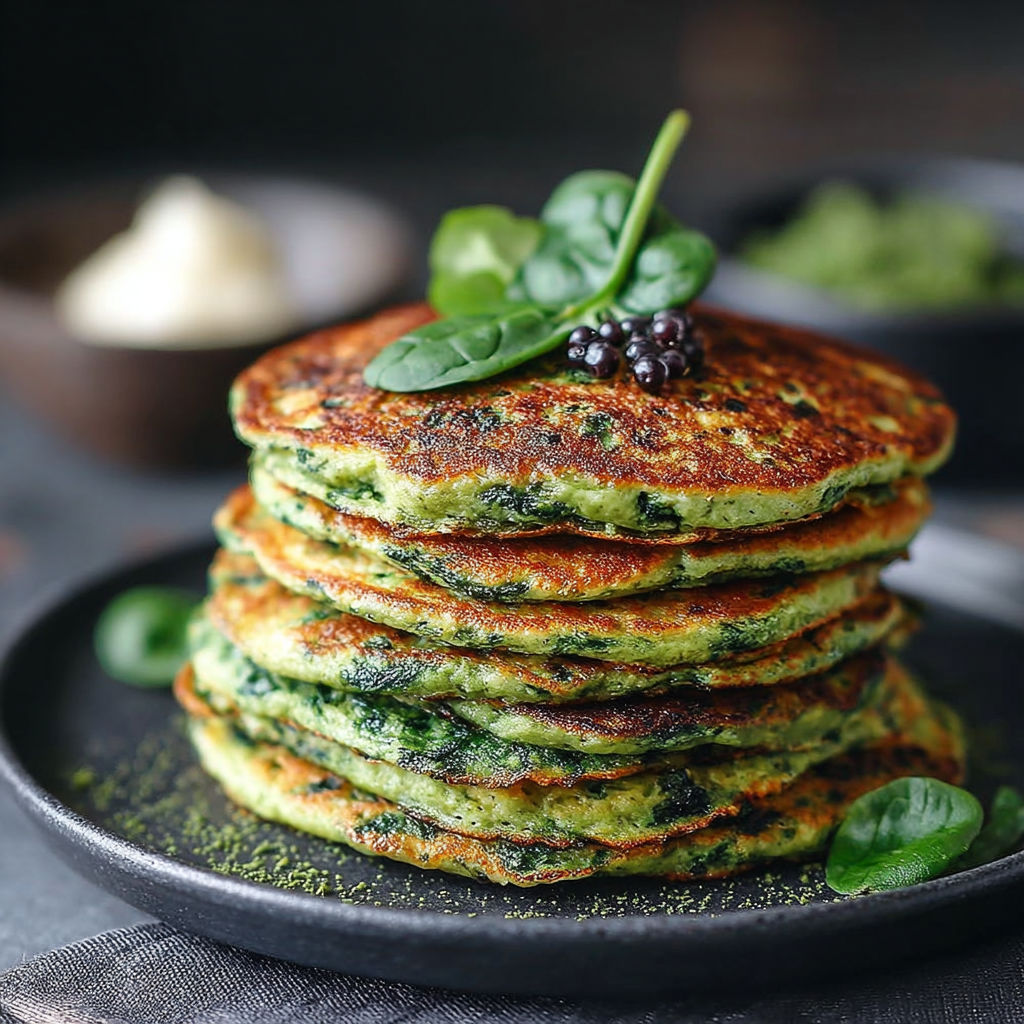 Pancakes verts aux épinards, une recette de pancakes verts avec des épinards sur un plateau.
