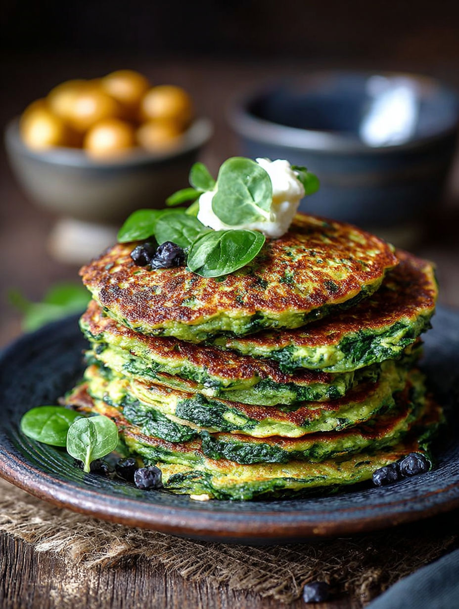 Une pile de pancakes verts avec des épinards sur un plateau.