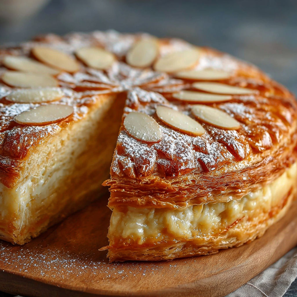 Une portion de gâteau de pâte feuilletée avec des amandes et du sucre.