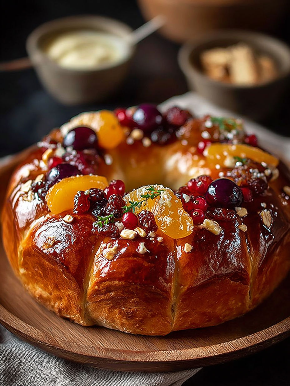 Une pâte de fruits et de grains, garnie de cerises et de raisins, est servie sur un plateau.
