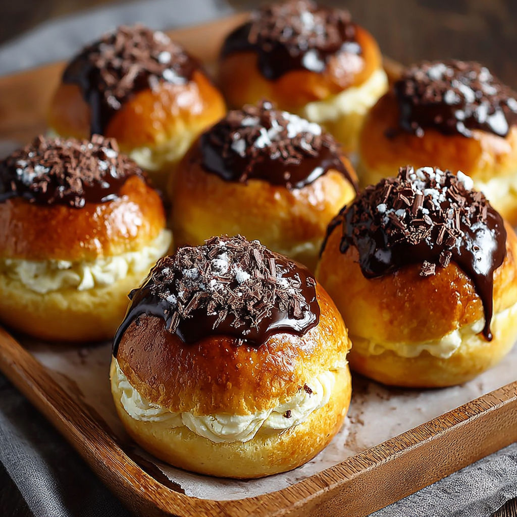 Une douzaine de petits pains d'épices chocolatés, garnis de crème fouettée et de chocolat fondu, présentés sur un plateau.
