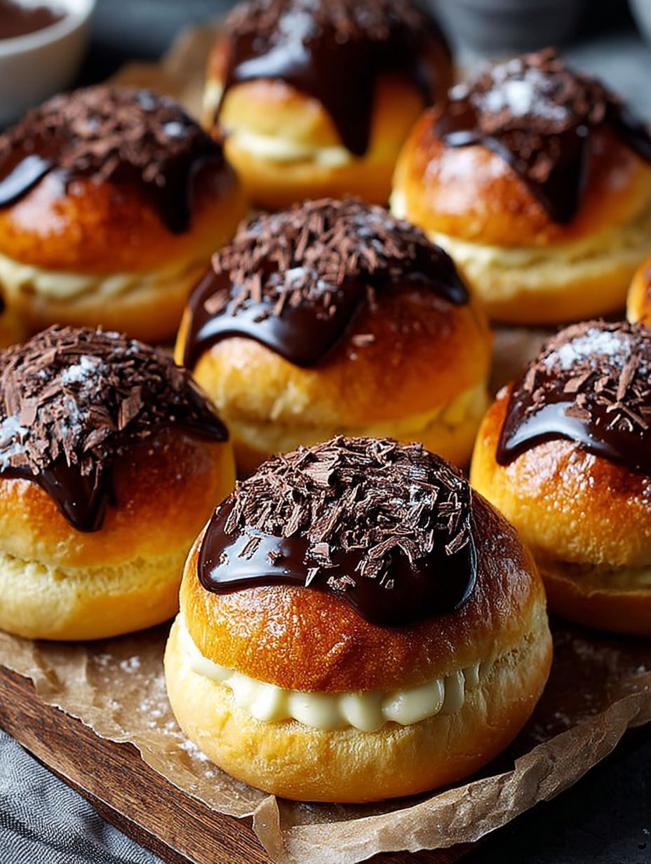 Une douzaine de beignets de chocolat, parfaitement dorés et frits, sont présentés sur une plaque de bois.