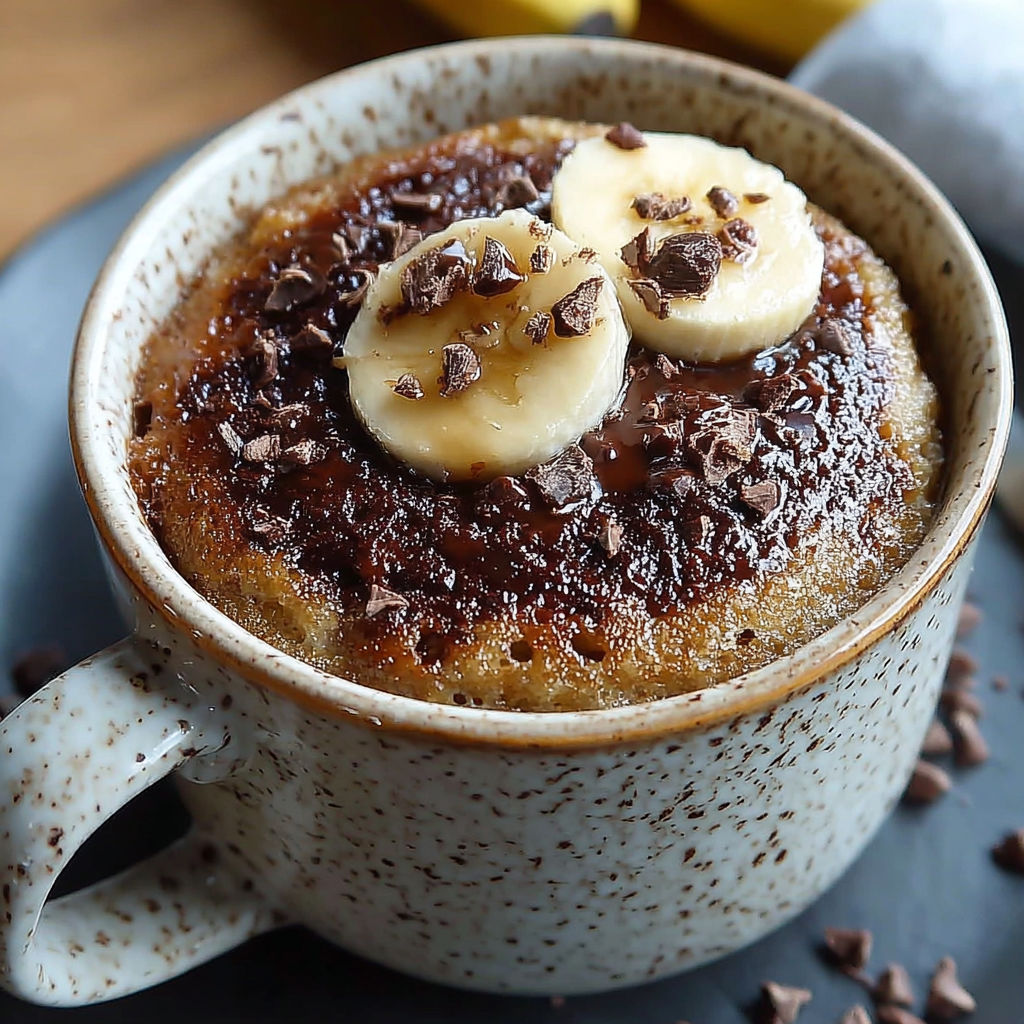 Une tasse de Mug Cake Banane Chocolat, avec des bananes et du chocolat, est servie sur un plateau.