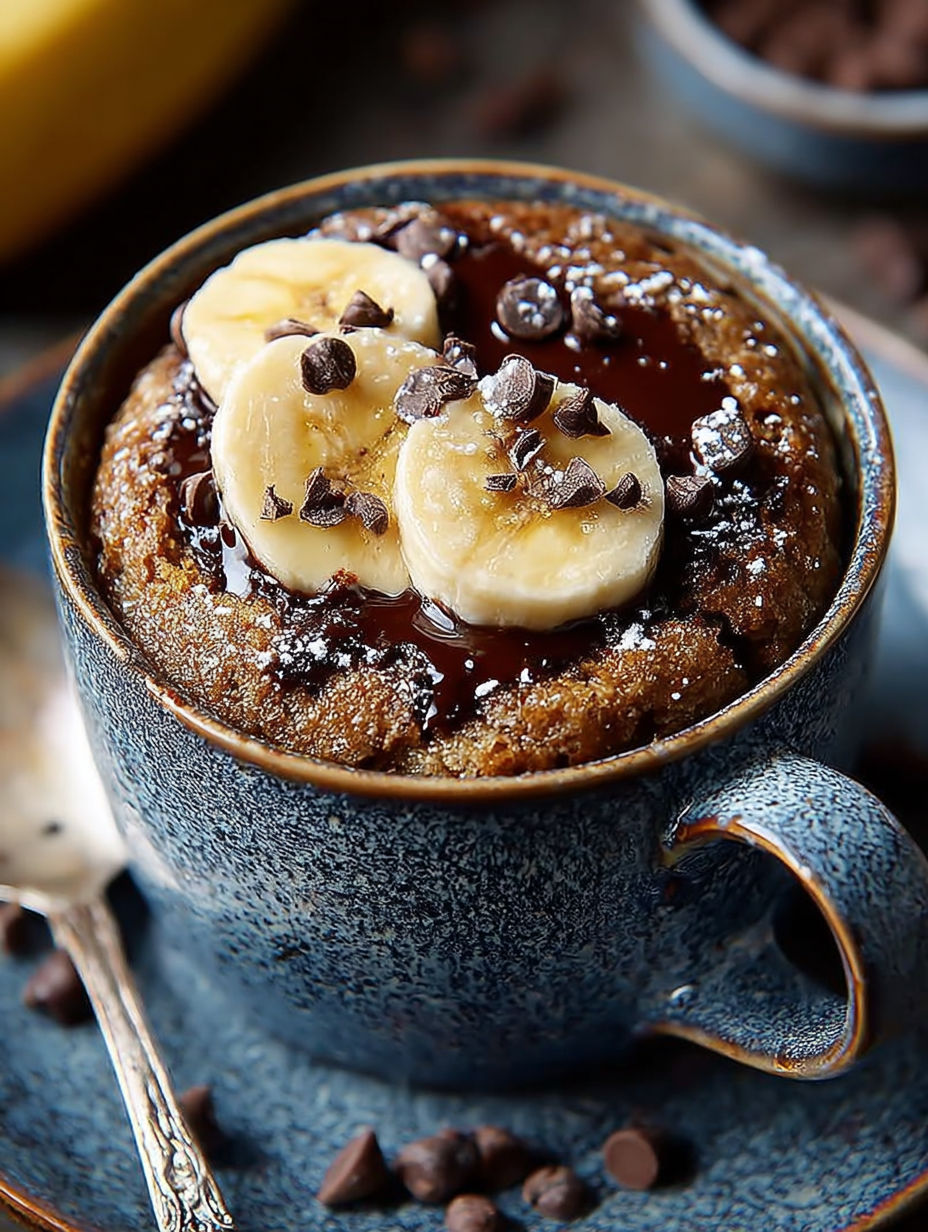 Une recette de gâteau au chocolat et aux bananes, servie dans un bol bleu.